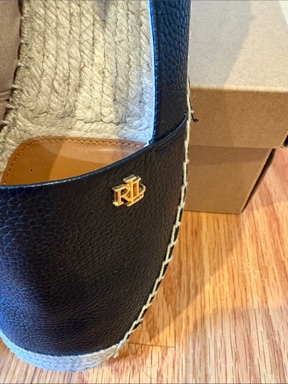 Ralph Lauren Black Leather Espadrille Wedge Slip-Ons